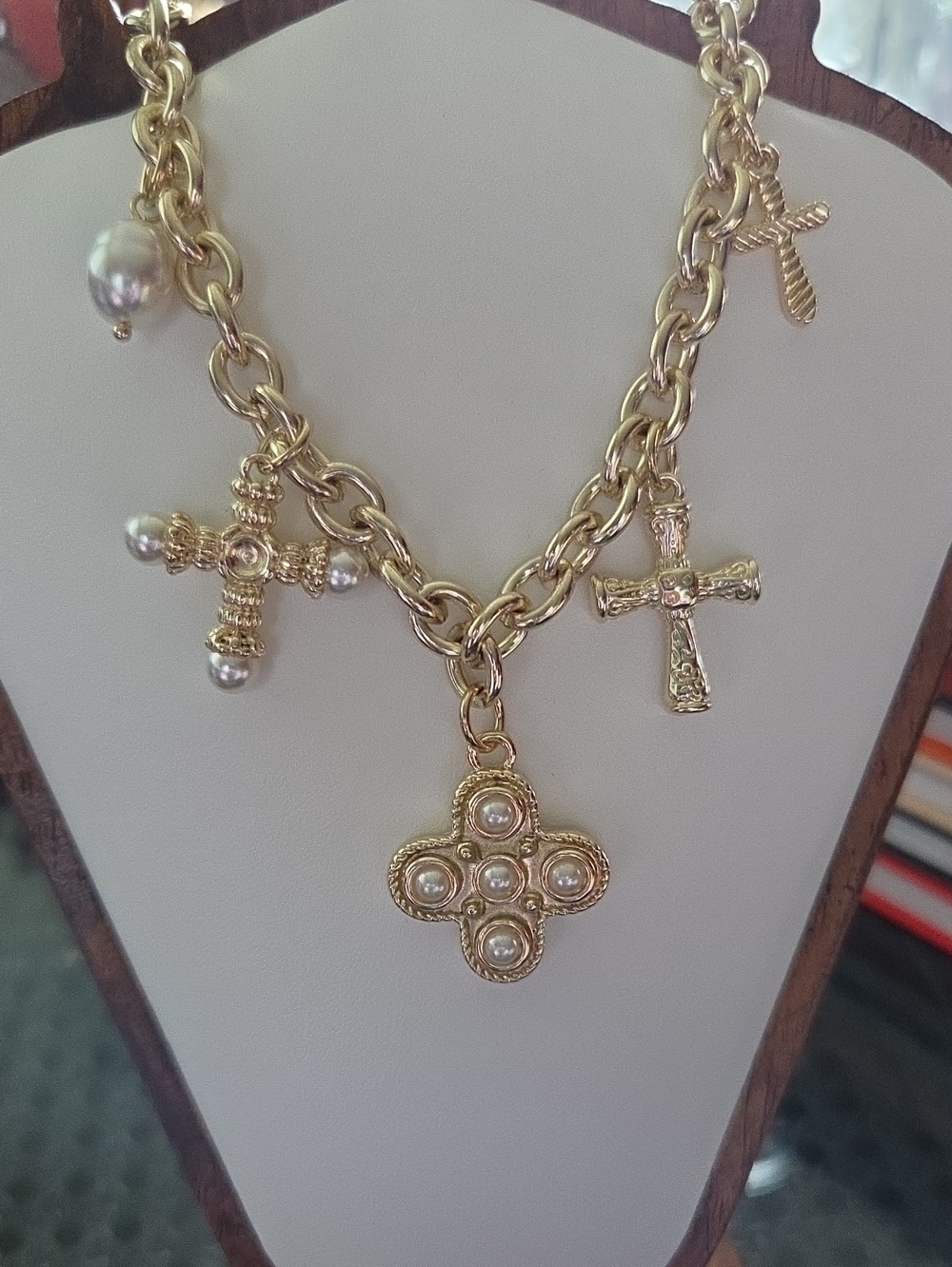 Gold Pearl Cross Charm Necklace - Women's Jewelry